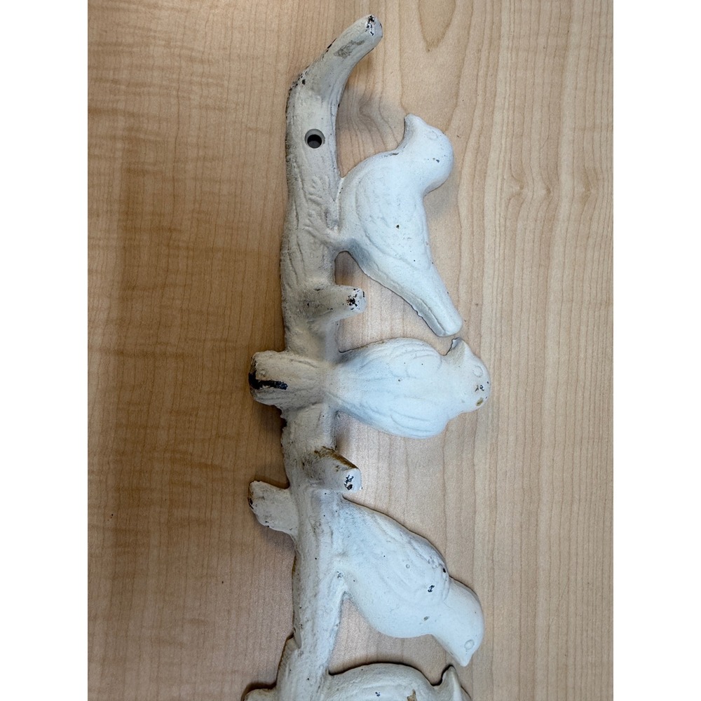 Vintage Style Cast Iron Birds on Branch Wall Hook Rack White Distressed 19 Inch - Picture 11 of 15